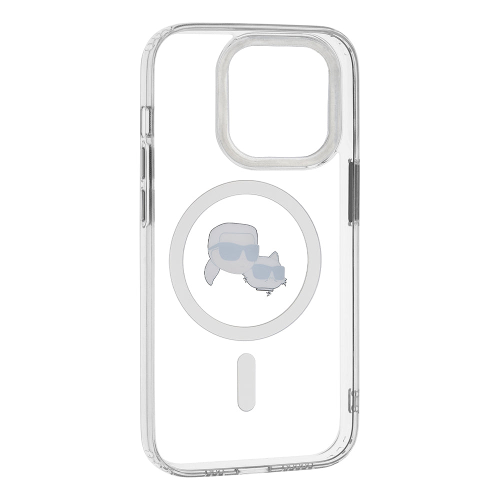 Étui MagSafe pour Apple iPhone 14 Pro, Karl Lagerfeld, IML Metal Karl & Choupette's Heads, Blanc.
