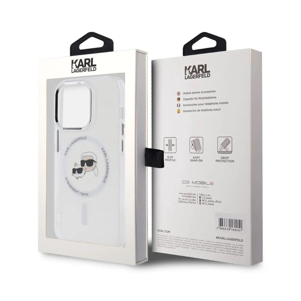 Étui MagSafe pour Apple iPhone 14 Pro, Karl Lagerfeld, IML Metal Karl & Choupette's Heads, Blanc.