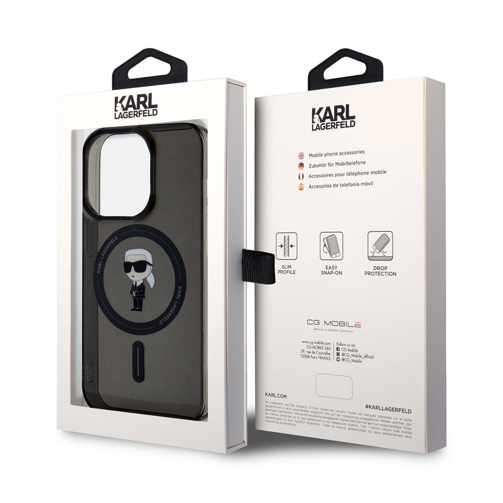 Housse MagSafe pour Apple iPhone 14 Pro Max, Karl Lagerfeld, IML Ikonik Karl, Noire