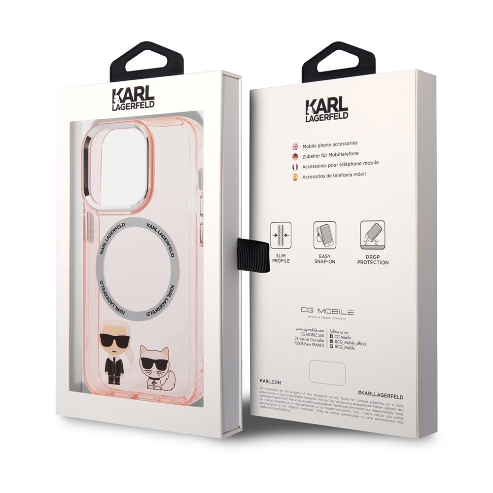 Étui MagSafe pour Apple iPhone 14 Pro Max, Karl Lagerfeld, Karl & Choupette Aluminium, Rose