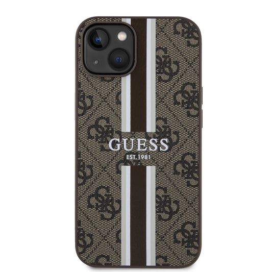 Étui MagSafe pour Apple iPhone 15, Guess, 4G Printed Stripes, Marron