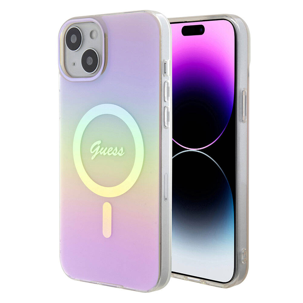 Étui MagSafe pour Apple iPhone 15, Guess, IML Iridescent Script, Rose GUHMP15SHITSP