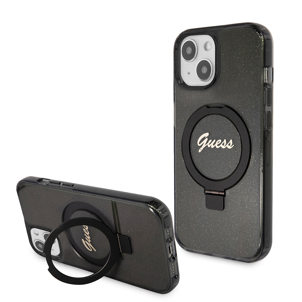 Coque MagSafe pour Apple iPhone 15, Guess, Ring Stand Script Glitter, Noire