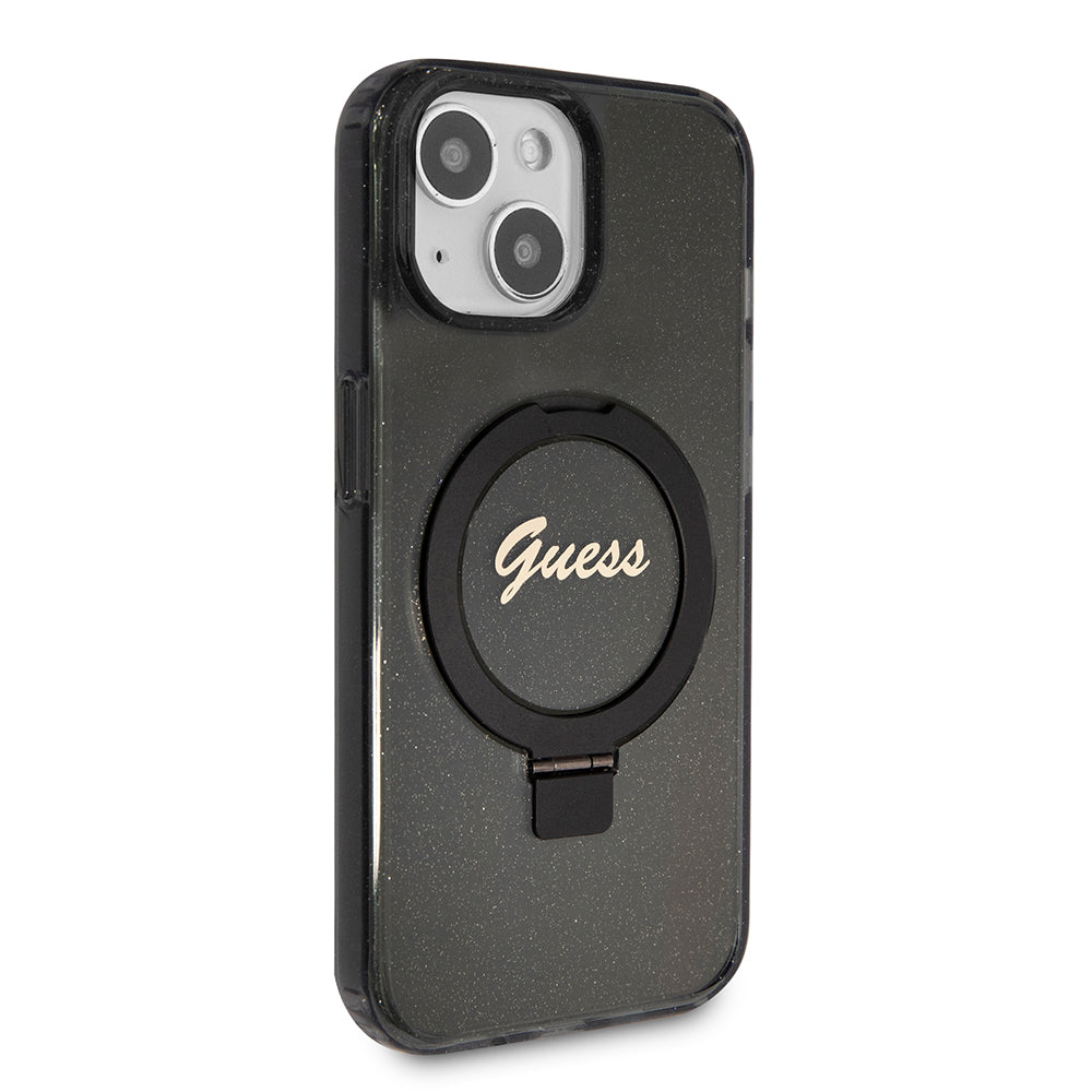 Coque MagSafe pour Apple iPhone 15, Guess, Ring Stand Script Glitter, Noire