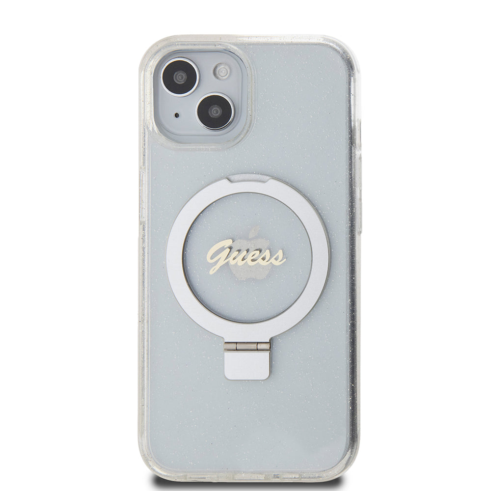 Coque MagSafe pour Apple iPhone 15, Guess, Ring Stand Script Glitter, Transparente
