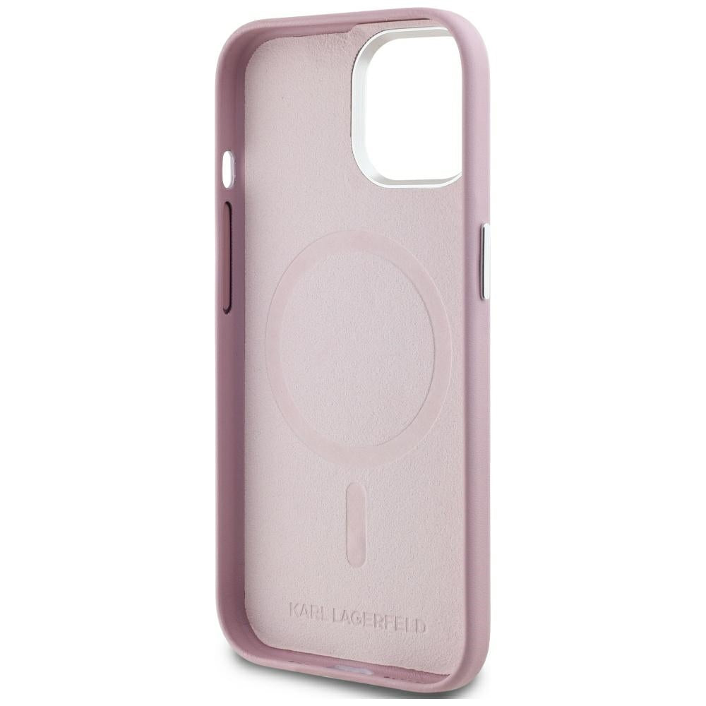 Coque MagSafe pour Apple iPhone 15, Karl Lagerfeld, Plaque Métallique FW, Rose