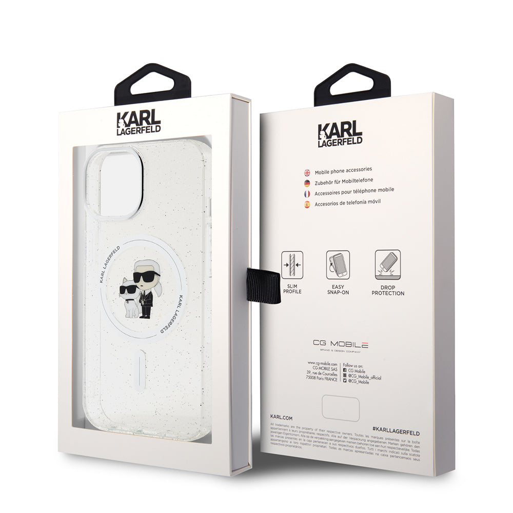 Étui MagSafe pour Apple iPhone 15, Karl Lagerfeld, Paillettes, Transparent