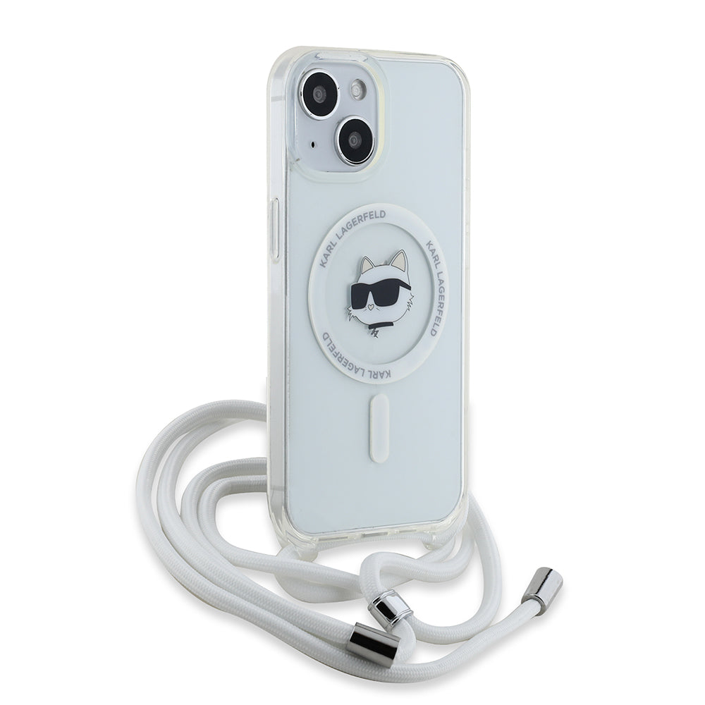 MagSafe Case for Apple iPhone 15, Karl Lagerfeld, IML Crossbody Choupette's Head with Strap, Transparent