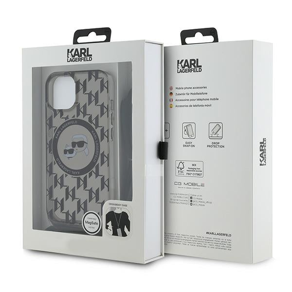 Étui MagSafe pour Apple iPhone 15, Karl Lagerfeld, IML Crossbody Monogramme Karl & Choupette's Heads, Noir