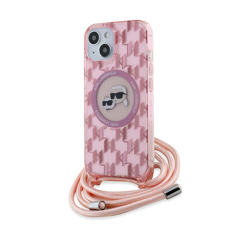 Housse MagSafe pour Apple iPhone 15, Karl Lagerfeld, IML Crossbody Monogram Karl & Choupette's Heads, Rose