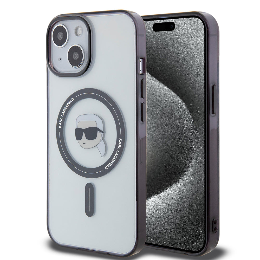 Coque MagSafe pour Apple iPhone 15, Karl Lagerfeld, IML Karl's Head, Transparente