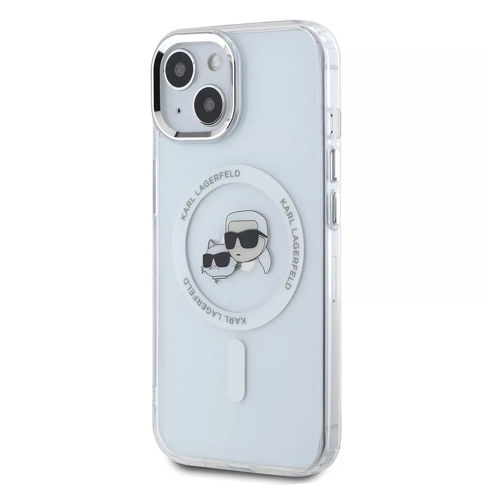 MagSafe Case for Apple iPhone 15, Karl Lagerfeld, IML Metal Karl & Choupette's Heads, White