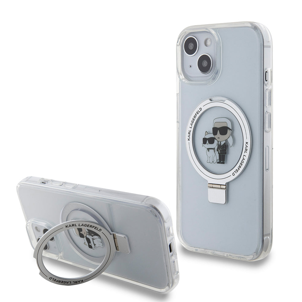 MagSafe Case for Apple iPhone 15, Karl Lagerfeld, Ring Stand Karl & Choupette, White
