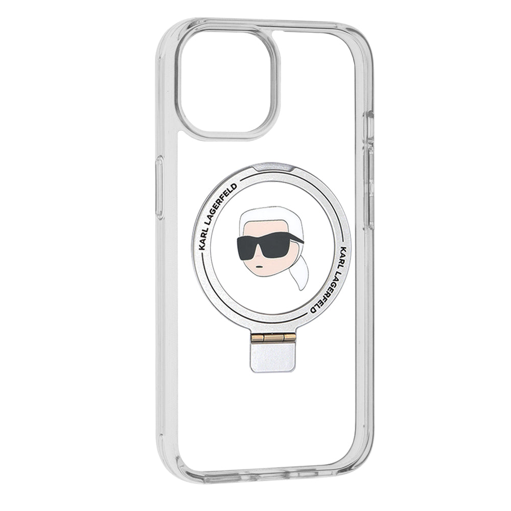 Coque MagSafe pour Apple iPhone 15, Karl Lagerfeld, Ring Stand Karl's Head, Blanche