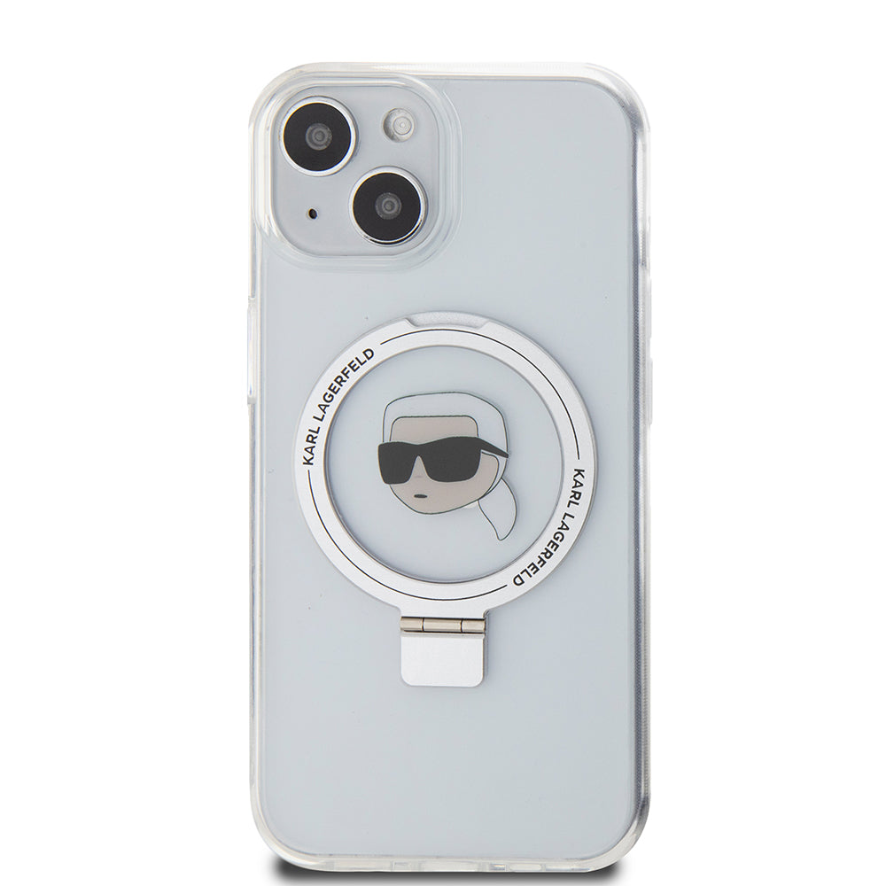 Coque MagSafe pour Apple iPhone 15, Karl Lagerfeld, Ring Stand Karl's Head, Blanche
