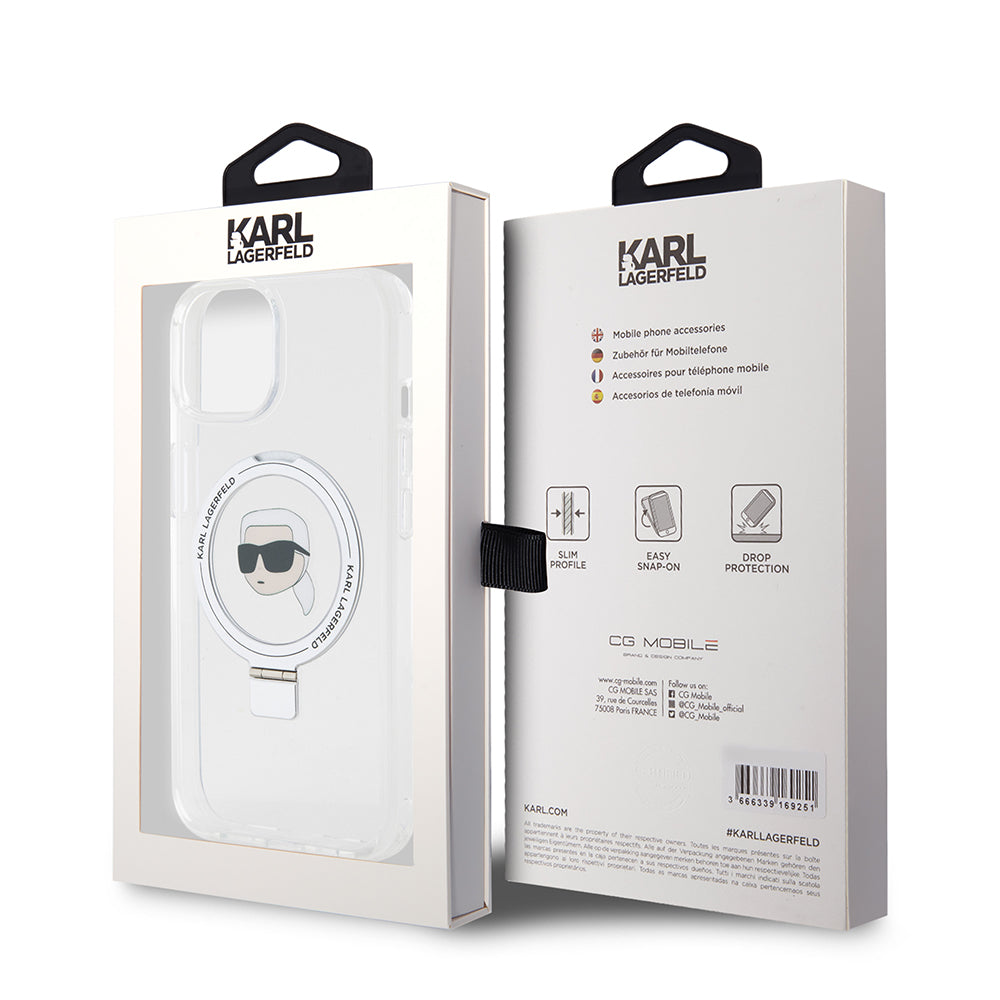 Coque MagSafe pour Apple iPhone 15, Karl Lagerfeld, Ring Stand Karl's Head, Blanche