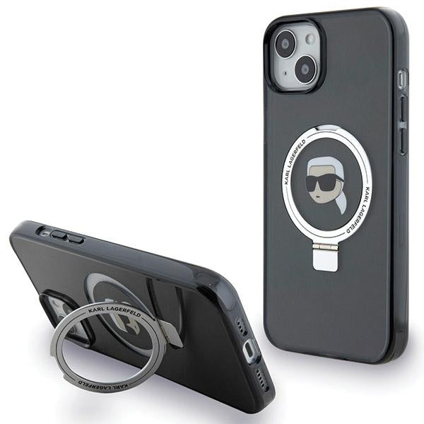 Coque MagSafe pour Apple iPhone 15, Karl Lagerfeld, Ring Stand Karl's Head, Noire