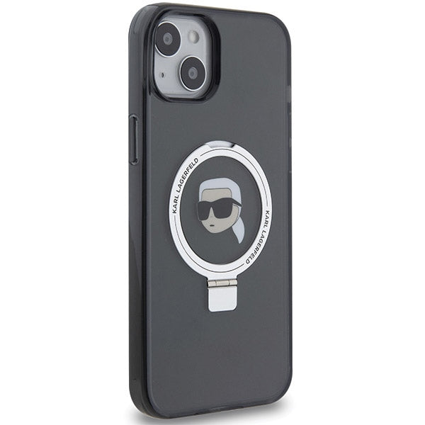 Coque MagSafe pour Apple iPhone 15, Karl Lagerfeld, Ring Stand Karl's Head, Noire