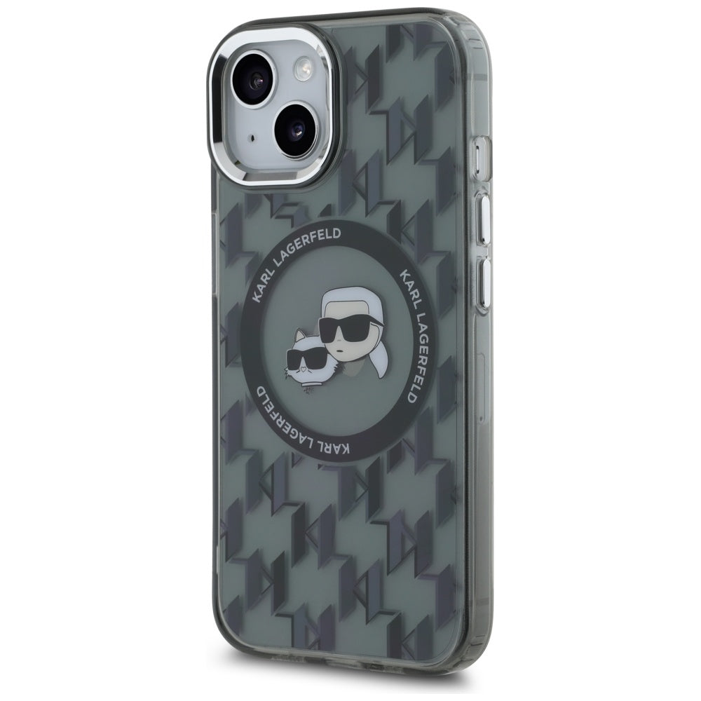 Étui MagSafe pour Apple iPhone 15 Plus, Karl Lagerfeld, IML Monogramme Karl & Têtes de Choupette, Noir