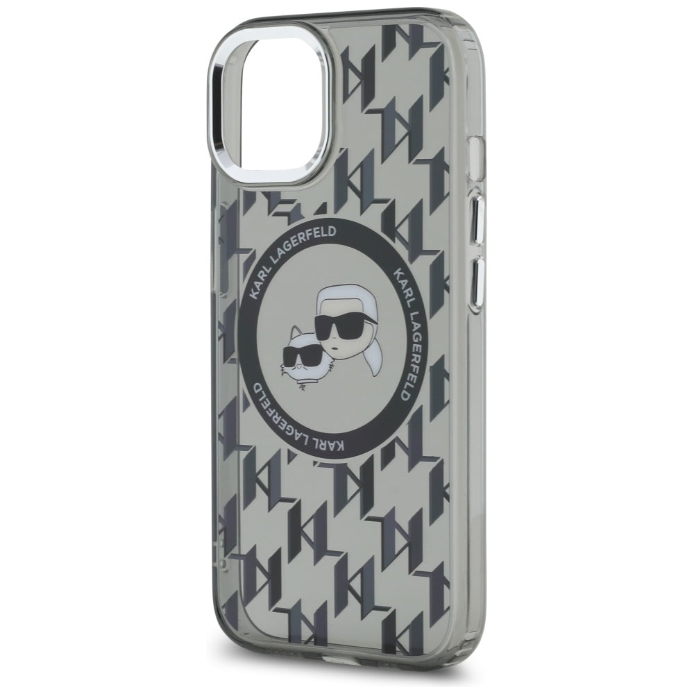 Étui MagSafe pour Apple iPhone 15 Plus, Karl Lagerfeld, IML Monogramme Karl & Têtes de Choupette, Noir