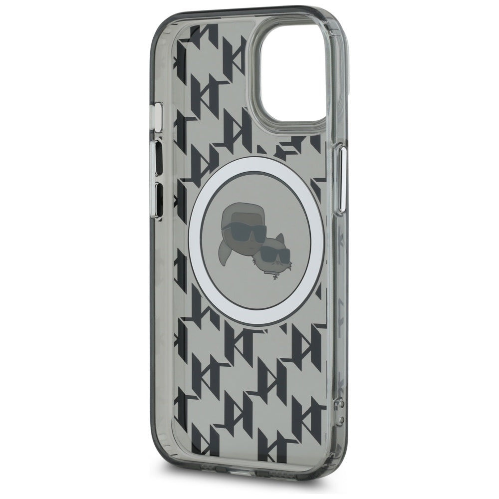 Étui MagSafe pour Apple iPhone 15 Plus, Karl Lagerfeld, IML Monogramme Karl & Têtes de Choupette, Noir