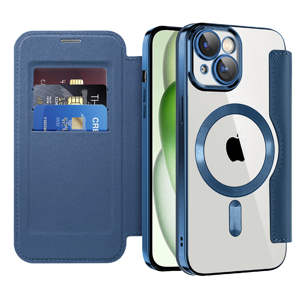 Coque MagSafe pour Apple iPhone 15 Plus, Techsuit, SmartMag Book, Bleue