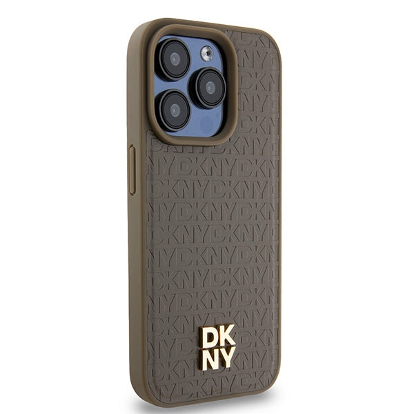 Étui MagSafe pour Apple iPhone 15 Pro, DKNY, Logo Métallique Monogramme, Marron