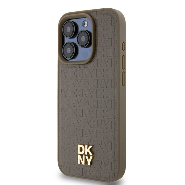 Étui MagSafe pour Apple iPhone 15 Pro, DKNY, Logo Métallique Monogramme, Marron
