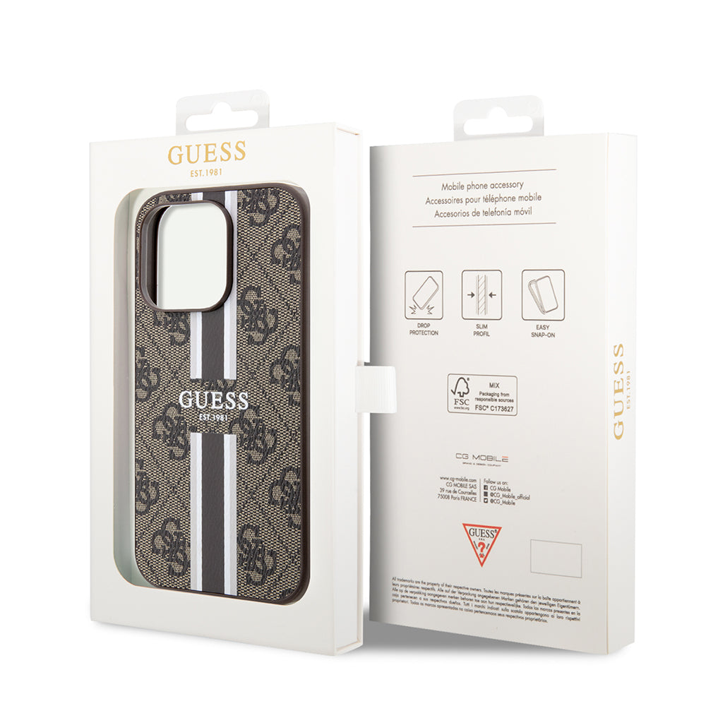 Étui MagSafe pour Apple iPhone 15 Pro, Guess, 4G Printed Stripes, Marron