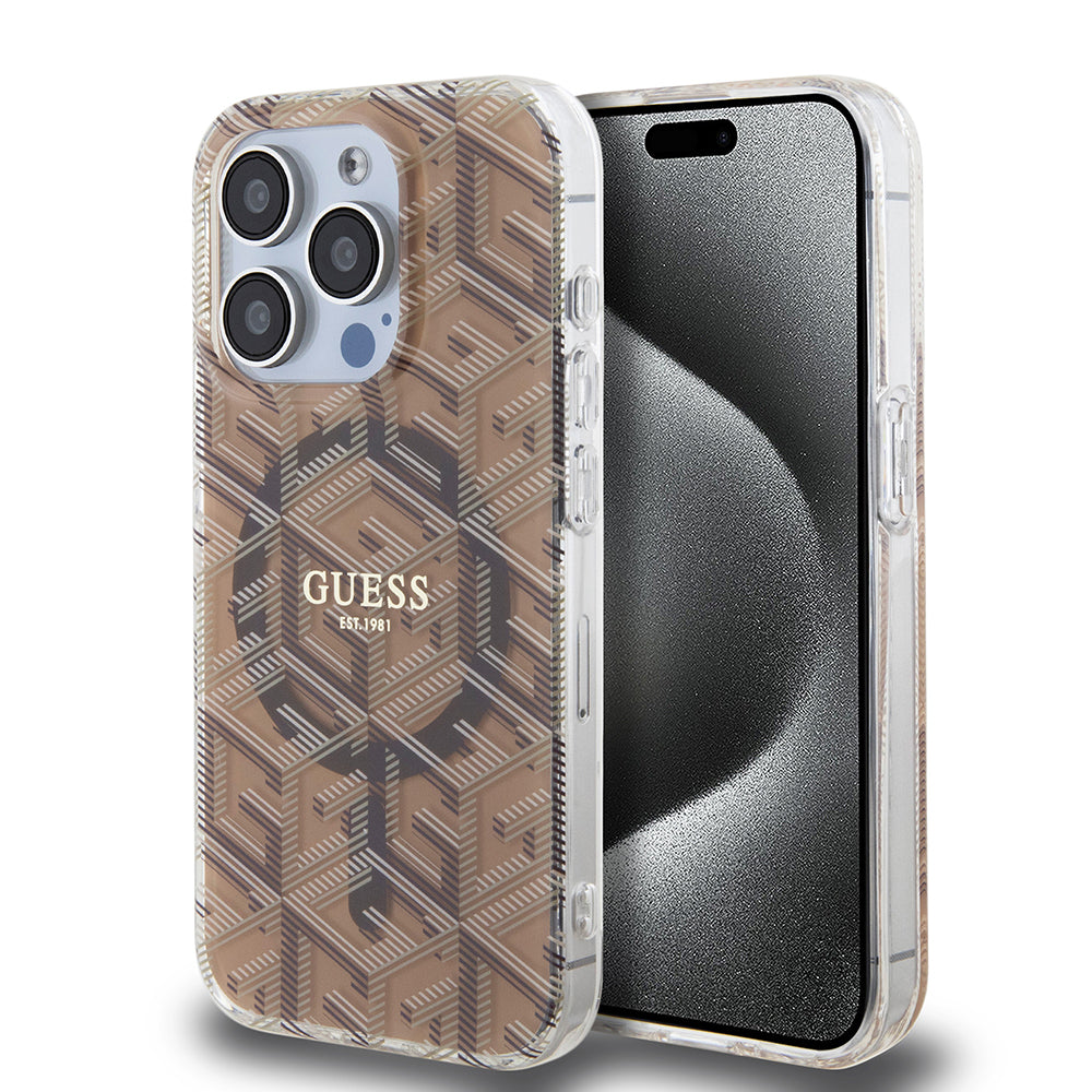 Étui MagSafe pour Apple iPhone 15 Pro, Guess, IML Gcube, Marron