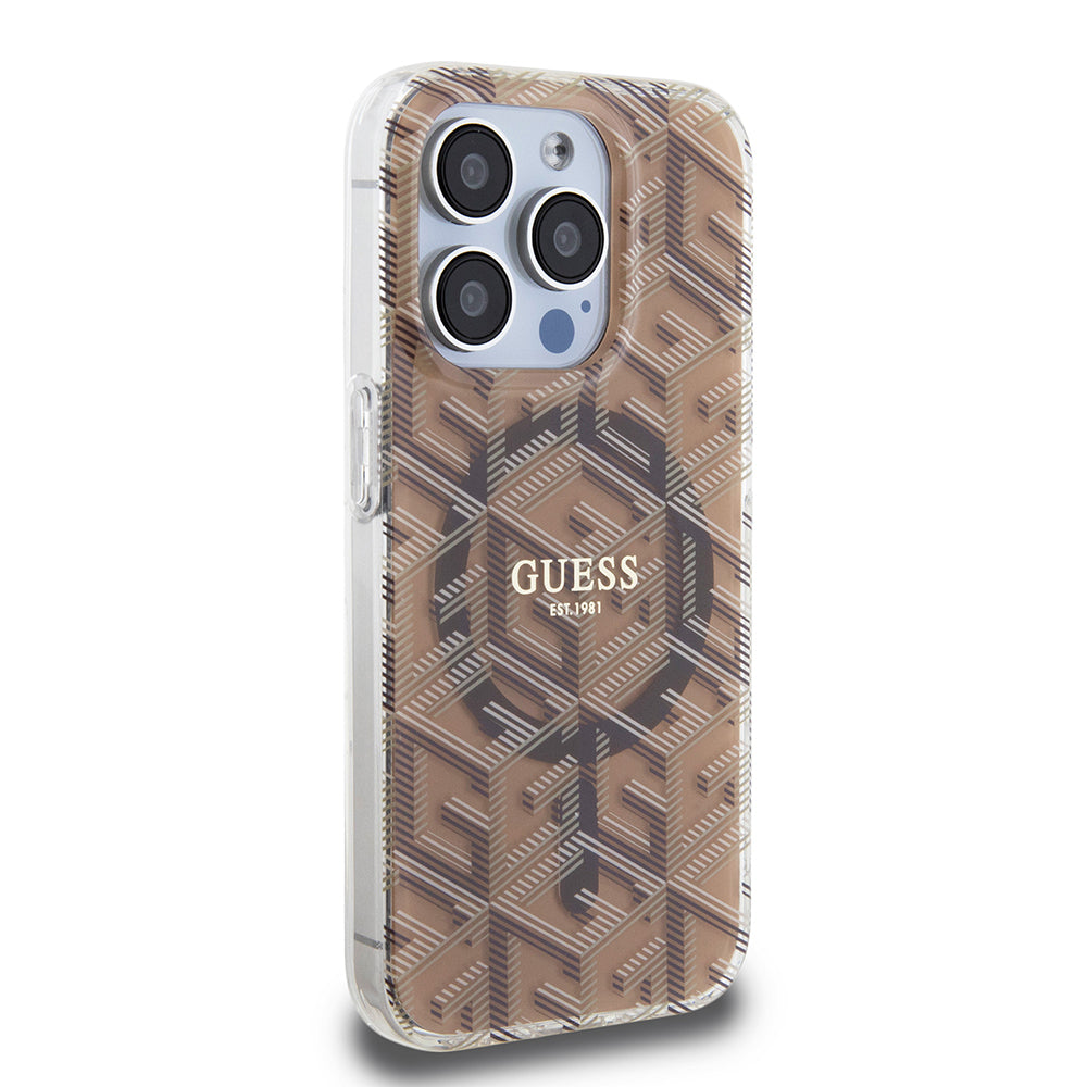 Étui MagSafe pour Apple iPhone 15 Pro, Guess, IML Gcube, Marron
