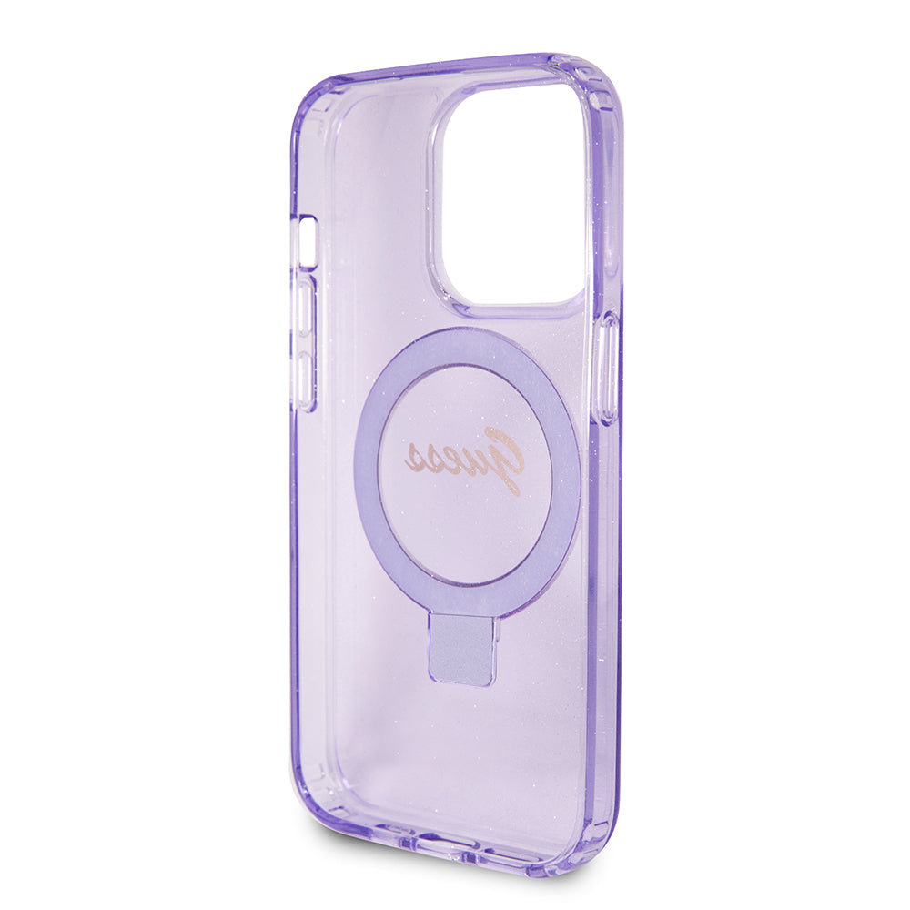 Coque MagSafe pour Apple iPhone 15 Pro, Guess, IML Ring Stand Glitter, Violet
