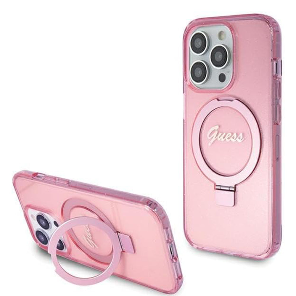 Coque MagSafe pour Apple iPhone 15 Pro, Guess, IML Ring Stand Glitter, Rose