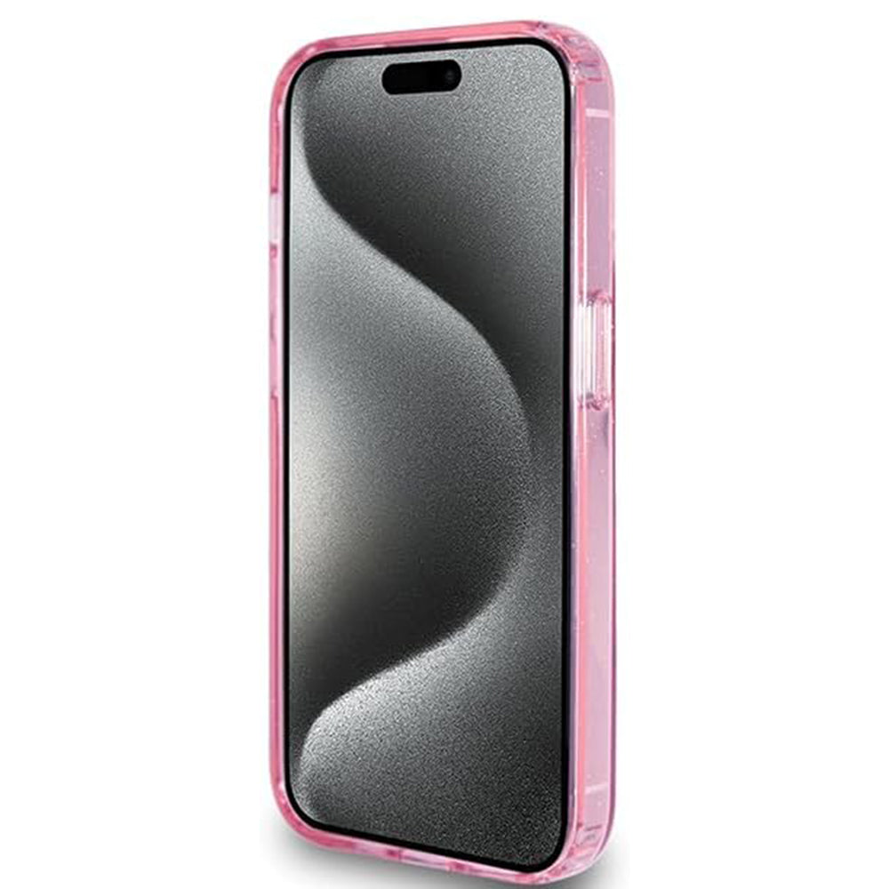 Coque MagSafe pour Apple iPhone 15 Pro, Guess, IML Ring Stand Glitter, Rose