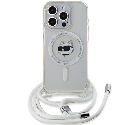 Étui MagSafe pour Apple iPhone 15 Pro, Karl Lagerfeld, IML Crossbody Choupette's Head with Strap, Transparent