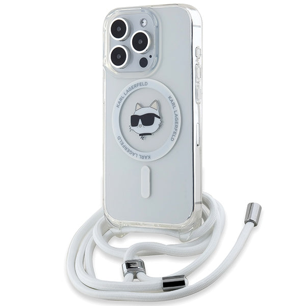 Étui MagSafe pour Apple iPhone 15 Pro, Karl Lagerfeld, IML Crossbody Choupette's Head with Strap, Transparent