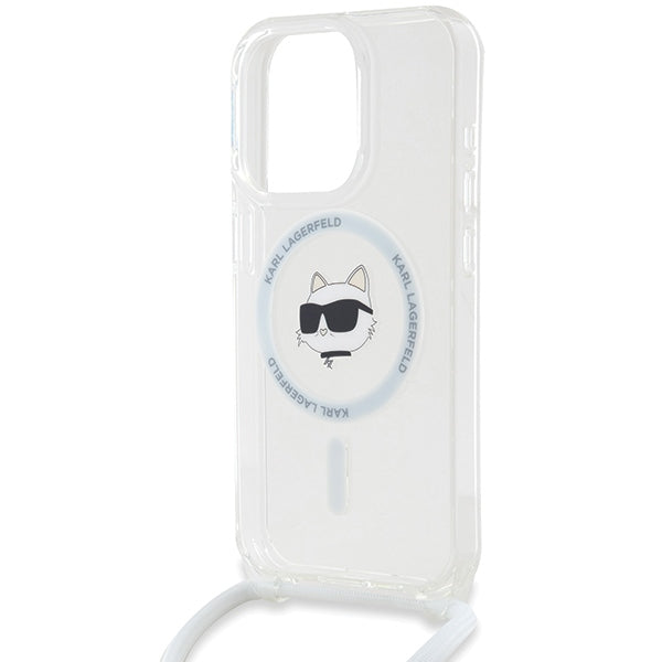 Étui MagSafe pour Apple iPhone 15 Pro, Karl Lagerfeld, IML Crossbody Choupette's Head with Strap, Transparent