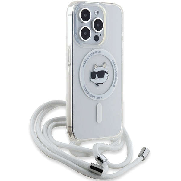 Étui MagSafe pour Apple iPhone 15 Pro, Karl Lagerfeld, IML Crossbody Choupette's Head with Strap, Transparent