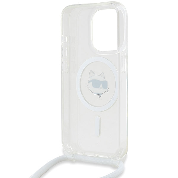 Étui MagSafe pour Apple iPhone 15 Pro, Karl Lagerfeld, IML Crossbody Choupette's Head with Strap, Transparent