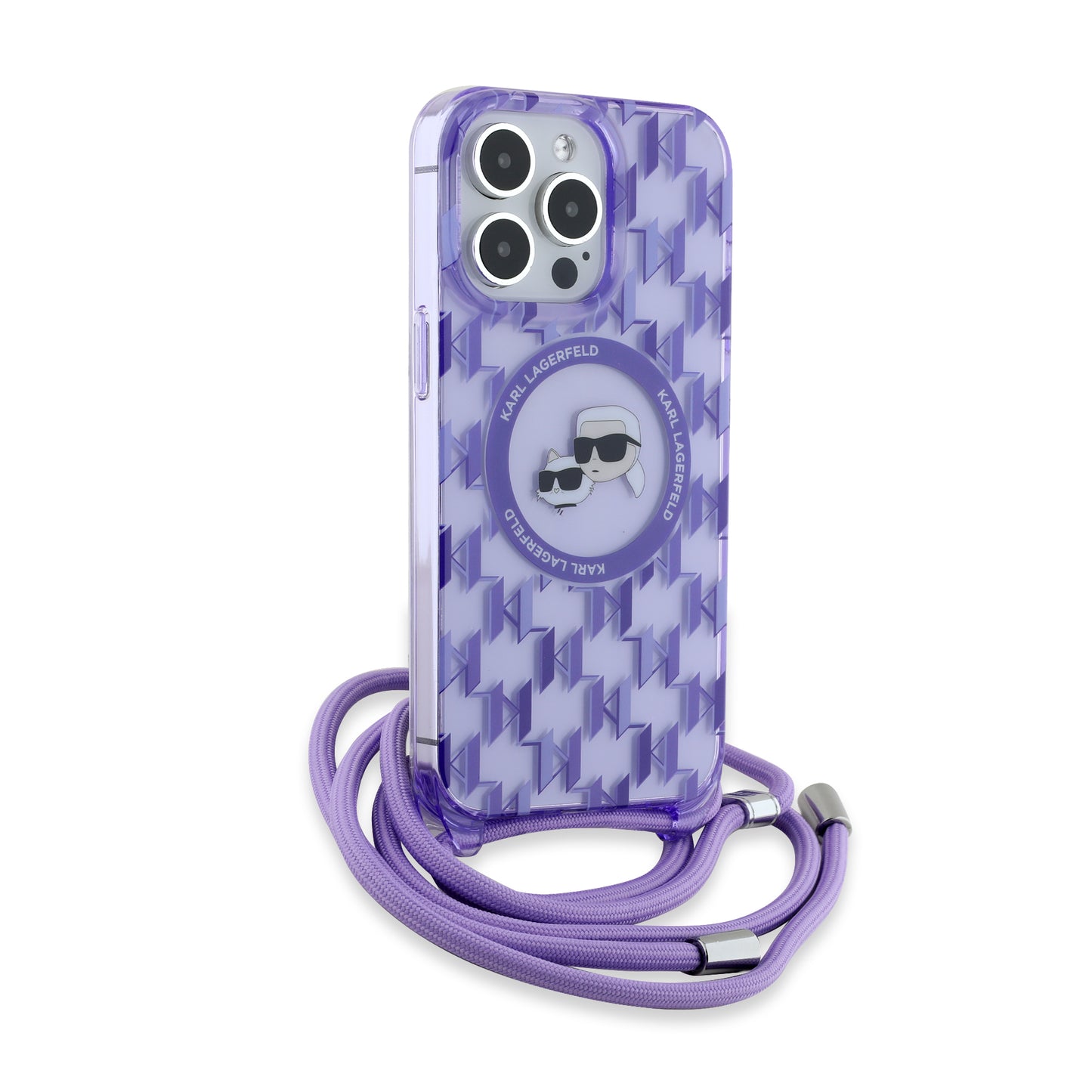 Étui MagSafe pour Apple iPhone 15 Pro, Karl Lagerfeld, IML Crossbody Monogramme Karl & Têtes de Choupette, Violet