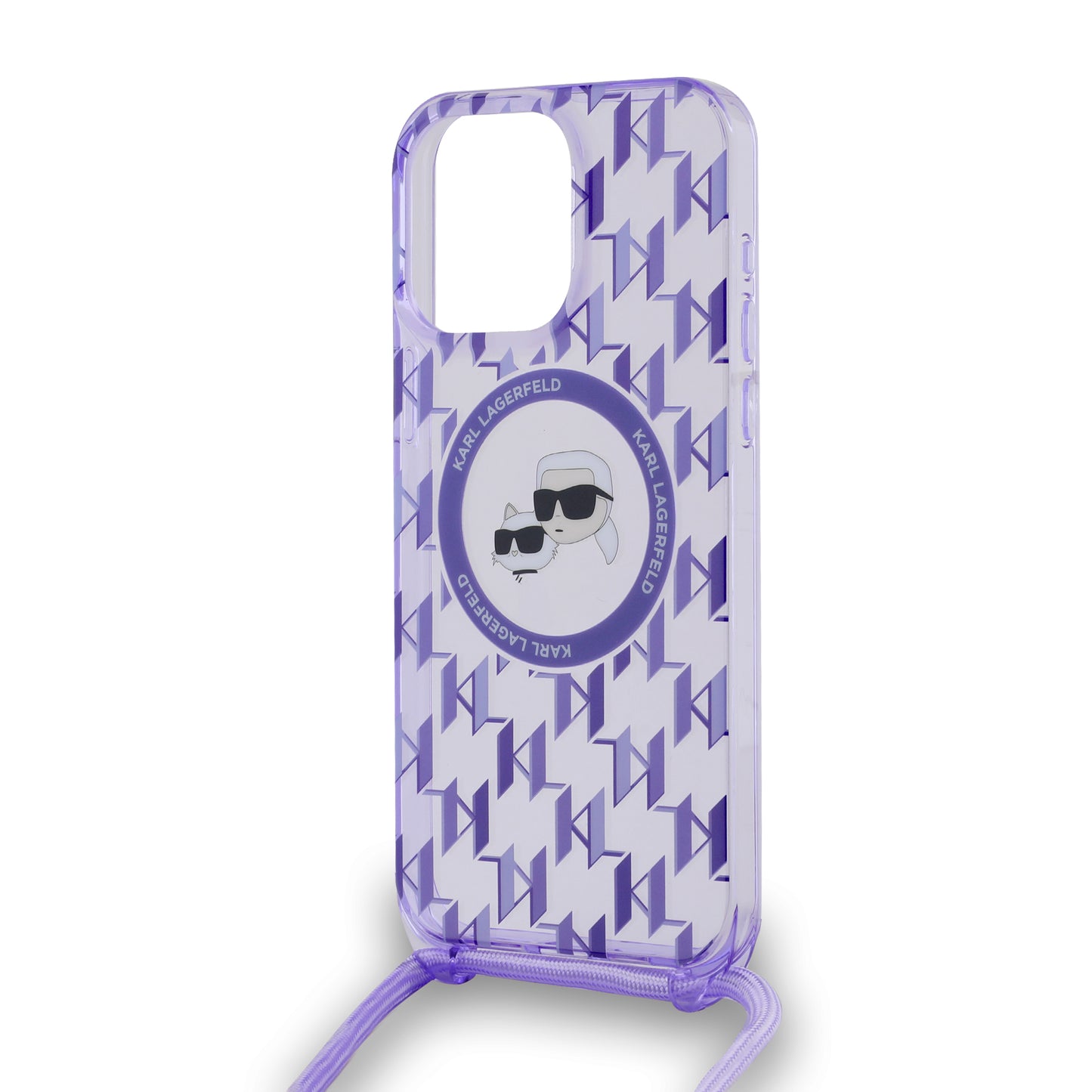 Étui MagSafe pour Apple iPhone 15 Pro, Karl Lagerfeld, IML Crossbody Monogramme Karl & Têtes de Choupette, Violet