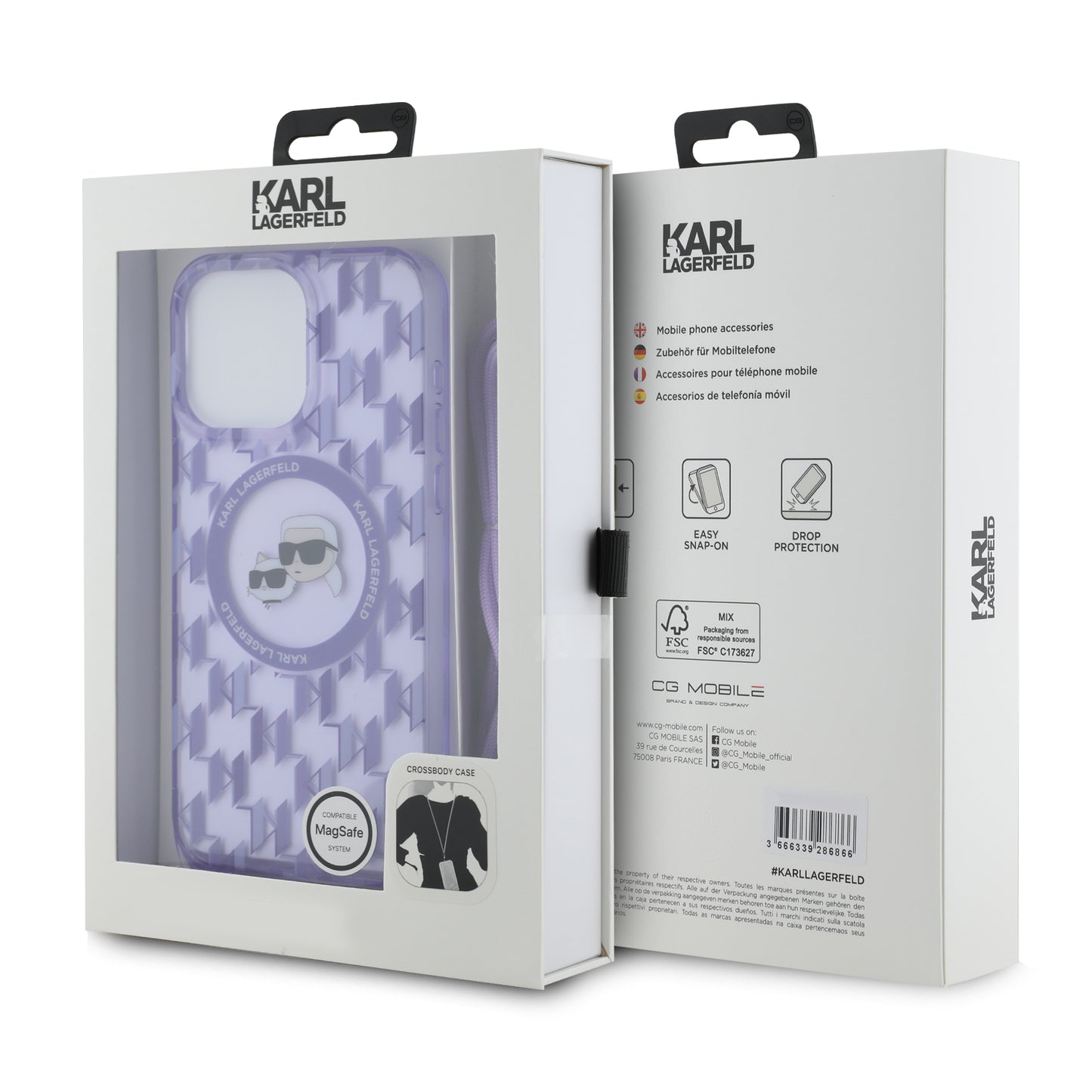 Étui MagSafe pour Apple iPhone 15 Pro, Karl Lagerfeld, IML Crossbody Monogramme Karl & Têtes de Choupette, Violet