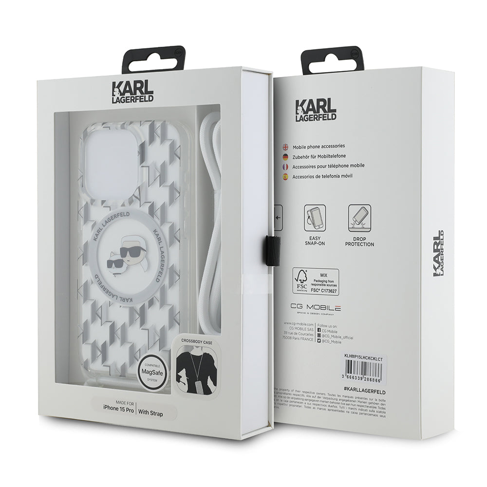 MagSafe Case for Apple iPhone 15 Pro, Karl Lagerfeld, IML Crossbody Monogram Karl & Choupette's Heads, Transparent