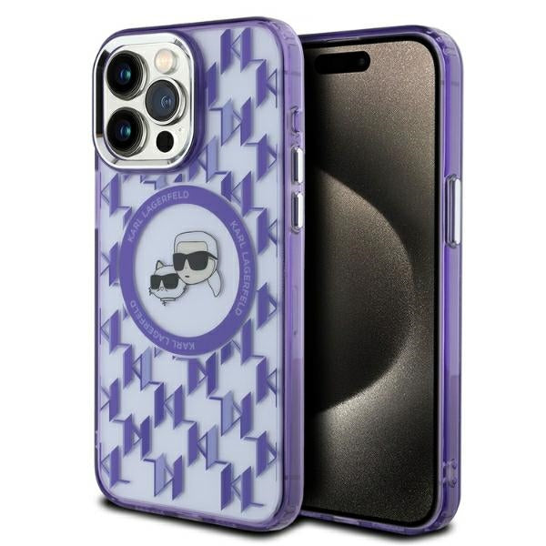 Étui MagSafe pour Apple iPhone 15 Pro, Karl Lagerfeld, IML Monogramme Karl & Têtes de Choupette, Violet