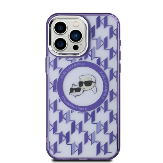 Étui MagSafe pour Apple iPhone 15 Pro, Karl Lagerfeld, IML Monogramme Karl & Têtes de Choupette, Violet