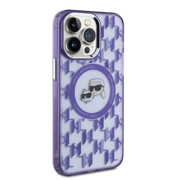 Étui MagSafe pour Apple iPhone 15 Pro, Karl Lagerfeld, IML Monogramme Karl & Têtes de Choupette, Violet