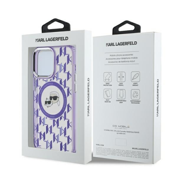 Étui MagSafe pour Apple iPhone 15 Pro, Karl Lagerfeld, IML Monogramme Karl & Têtes de Choupette, Violet