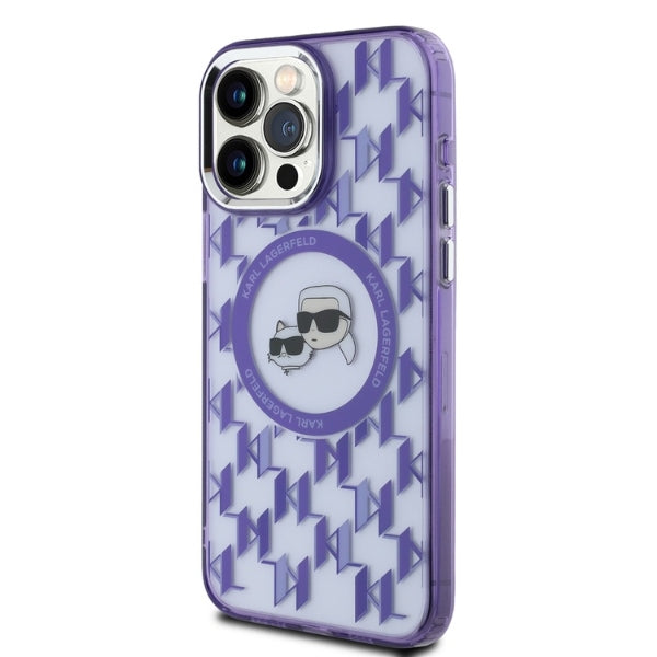 Étui MagSafe pour Apple iPhone 15 Pro, Karl Lagerfeld, IML Monogramme Karl & Têtes de Choupette, Violet