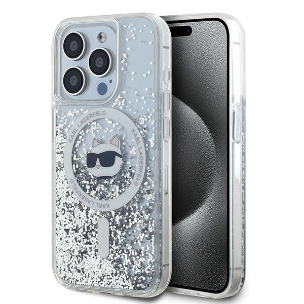 Étui MagSafe pour Apple iPhone 15 Pro, Karl Lagerfeld, Tête de Choupette à Paillettes Liquides, Transparent