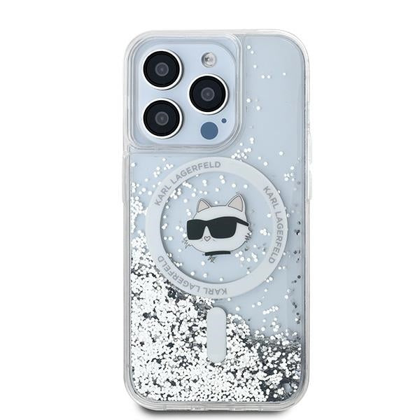 Étui MagSafe pour Apple iPhone 15 Pro, Karl Lagerfeld, Tête de Choupette à Paillettes Liquides, Transparent